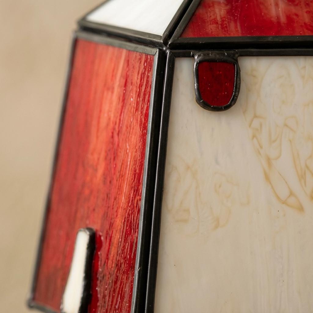 Red Cream Geometric Stained Glass Pendant Light, Artisan Hanging Lamp, Kitchen Entryway Decor