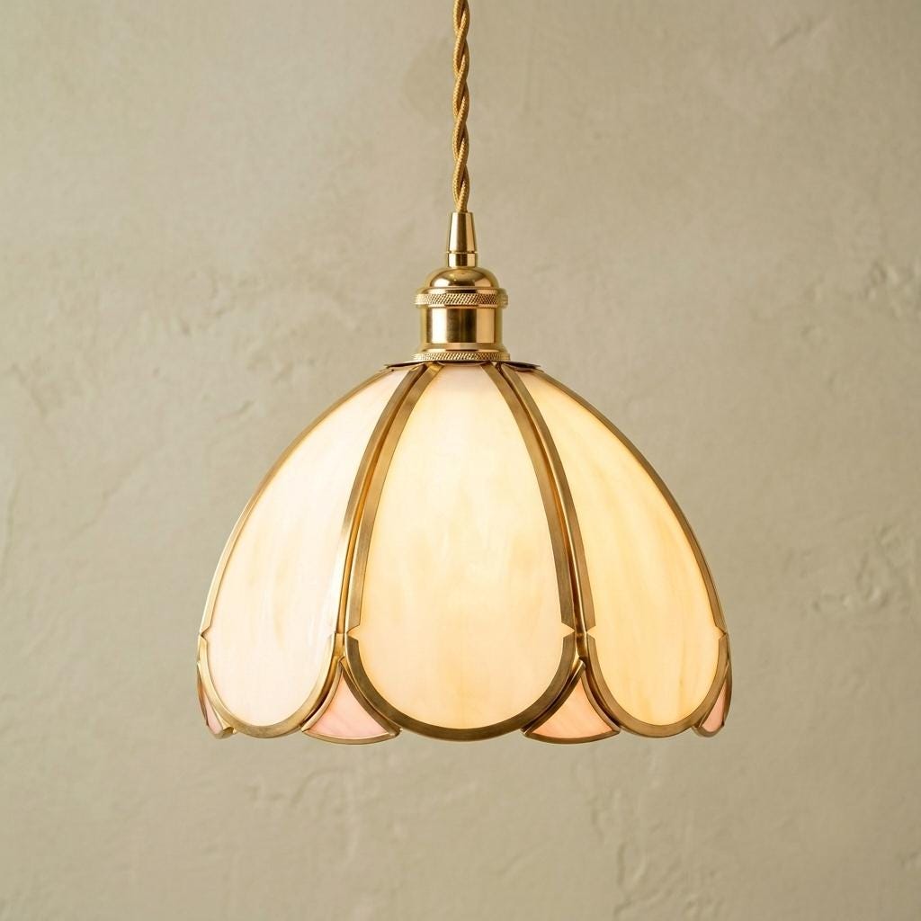 Cream Scalloped Stained Glass Pendant Light, Vintage Cottagecore Ceiling Fixture