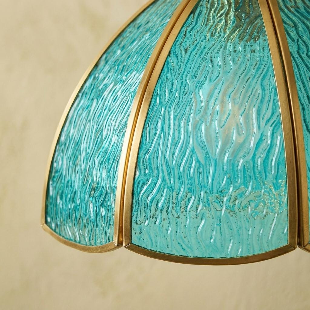 Aqua Blue Textured Glass Dome Pendant Light, Vintage Coastal Brass Fixture