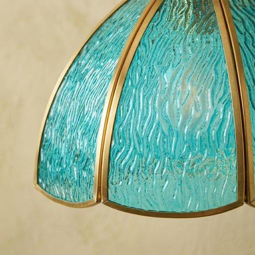 Aqua Blue Textured Glass Dome Pendant Light, Vintage Coastal Brass Fixture