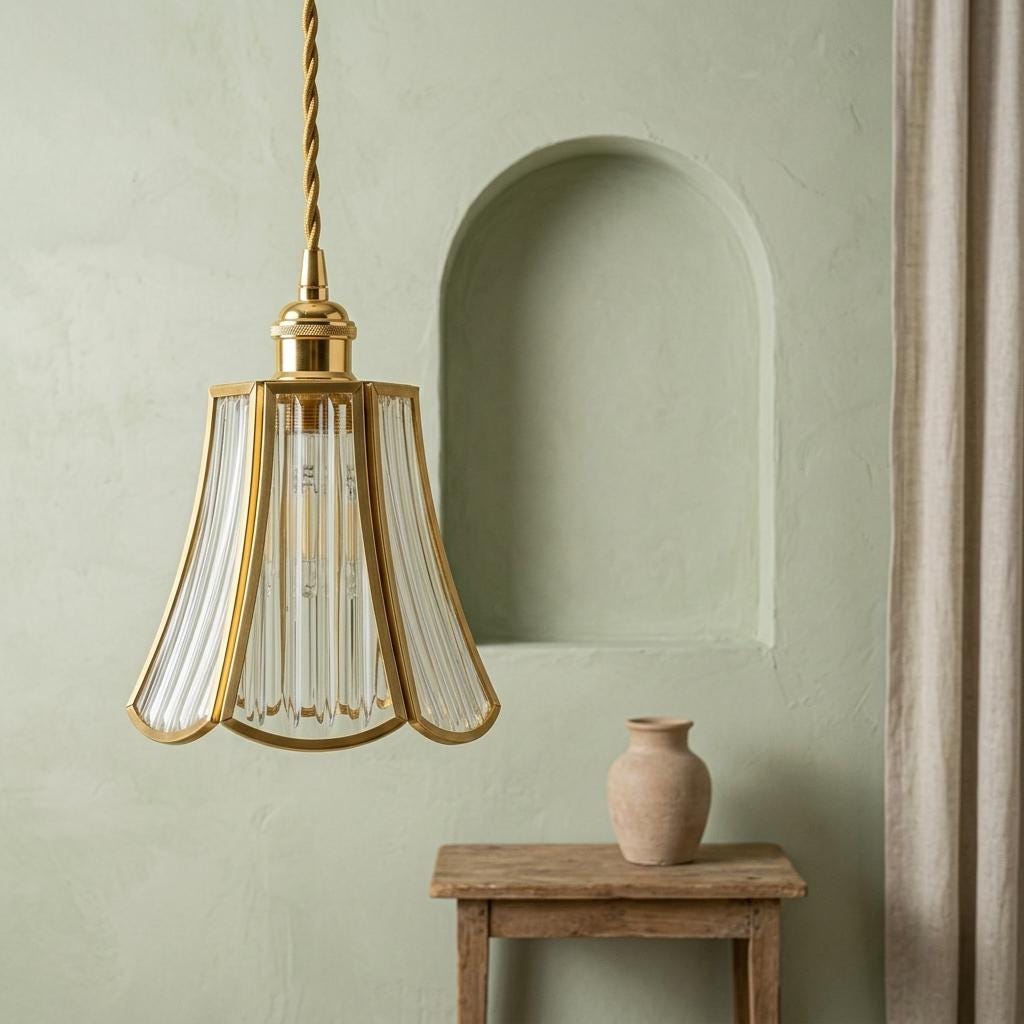 Clear Fluted Glass Pendant Light, Brass Tone Art Deco Hanging Lamp