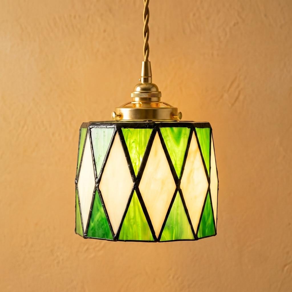 Green Stained Glass Pendant Light, Ivory Harlequin Diamond Hanging Lamp, Small Tiffany Style Ceiling Light, Vintage Boho Decor