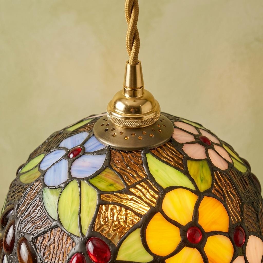 Stained Glass Pendant Light, Colorful Floral Butterfly Dome Hanging Lamp, Tiffany Style Botanical Ceiling Fixture, Cottagecore Lighting