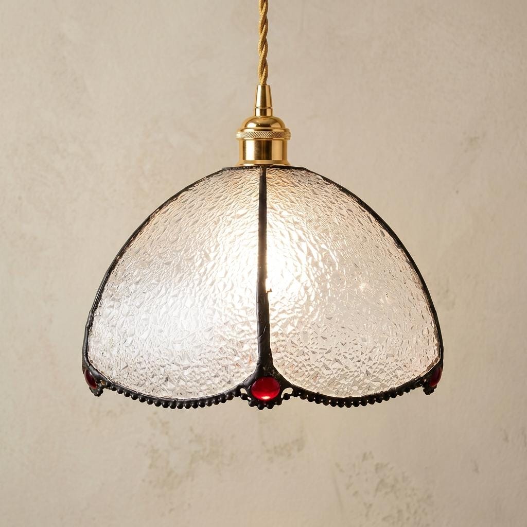 Clear Textured Stained Glass Pendant Light, Red Jewel Dome Hanging Lamp