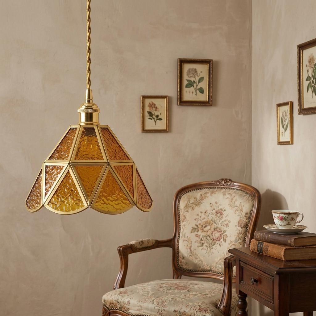 Amber Stained Glass Pendant Light, Scalloped Tiffany Style Hanging Lamp, Vintage Inspired Small Ceiling Light