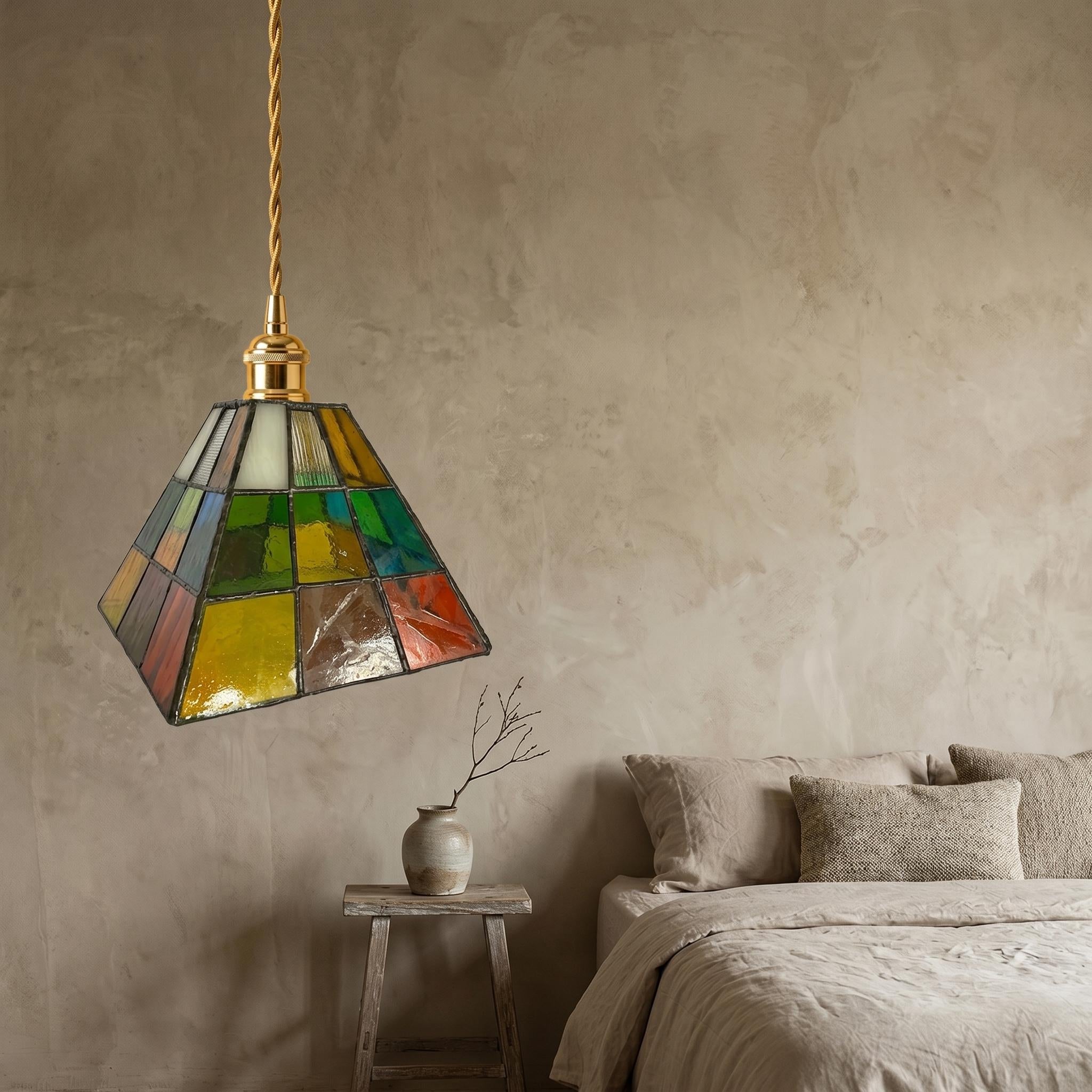 Small Handmade Stained Glass Pendant Light, Colorful Tiffany Style Hanging Lamp, Vintage Multicolor Glass Ceiling Light, Kitchen Pendant