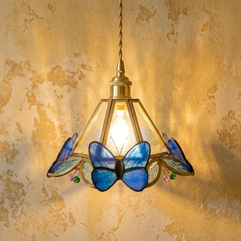 Handmade Stained Glass Butterfly Pendant Light, Blue Butterfly Hanging Lamp, Tiffany Style Glass Lamp Shade, Cottagecore Nature Light Decor