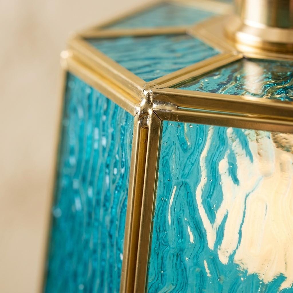 Aqua Blue Textured Glass Pendant Light, Geometric Coastal Entryway Fixture