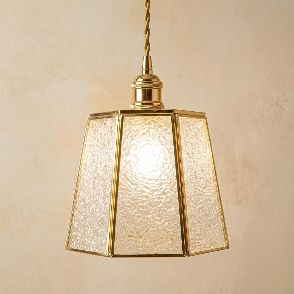 Textured Glass Pendant Light, Brass Tone Art Deco Hanging Lamp