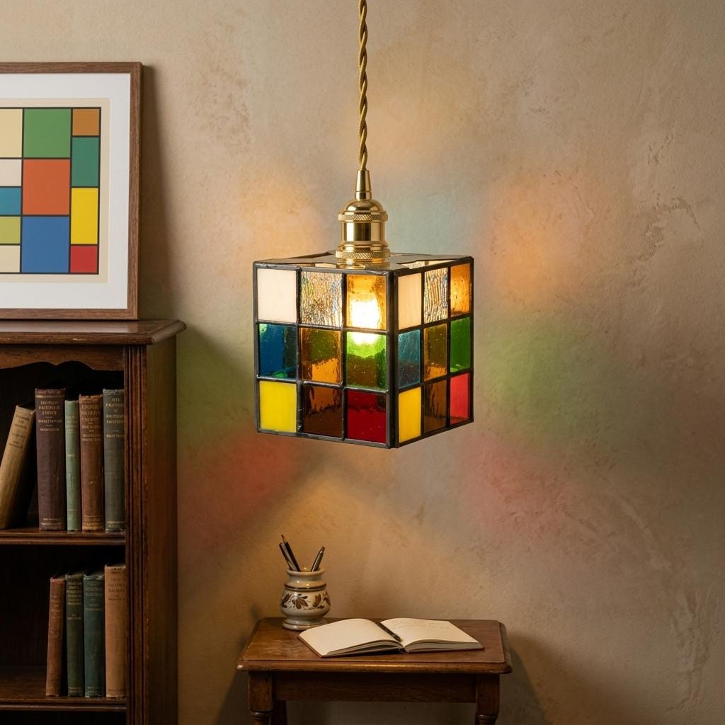 Colorful Stained Glass Pendant Light, Square Mosaic Hanging Lamp, Vintage Boho Accent Fixture