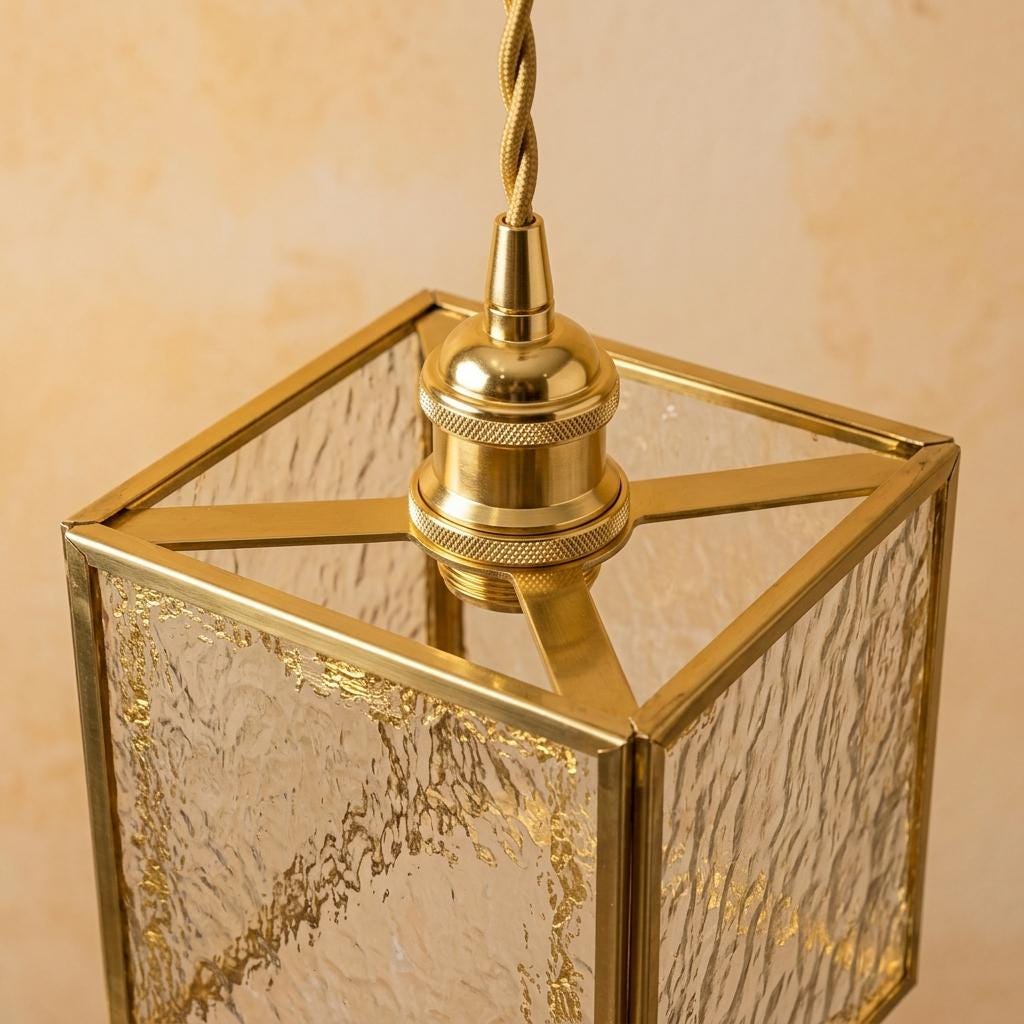 Textured Glass Pendant Light, Square Brass Frame Hanging Lamp, Vintage Kitchen Island Light (10cm)