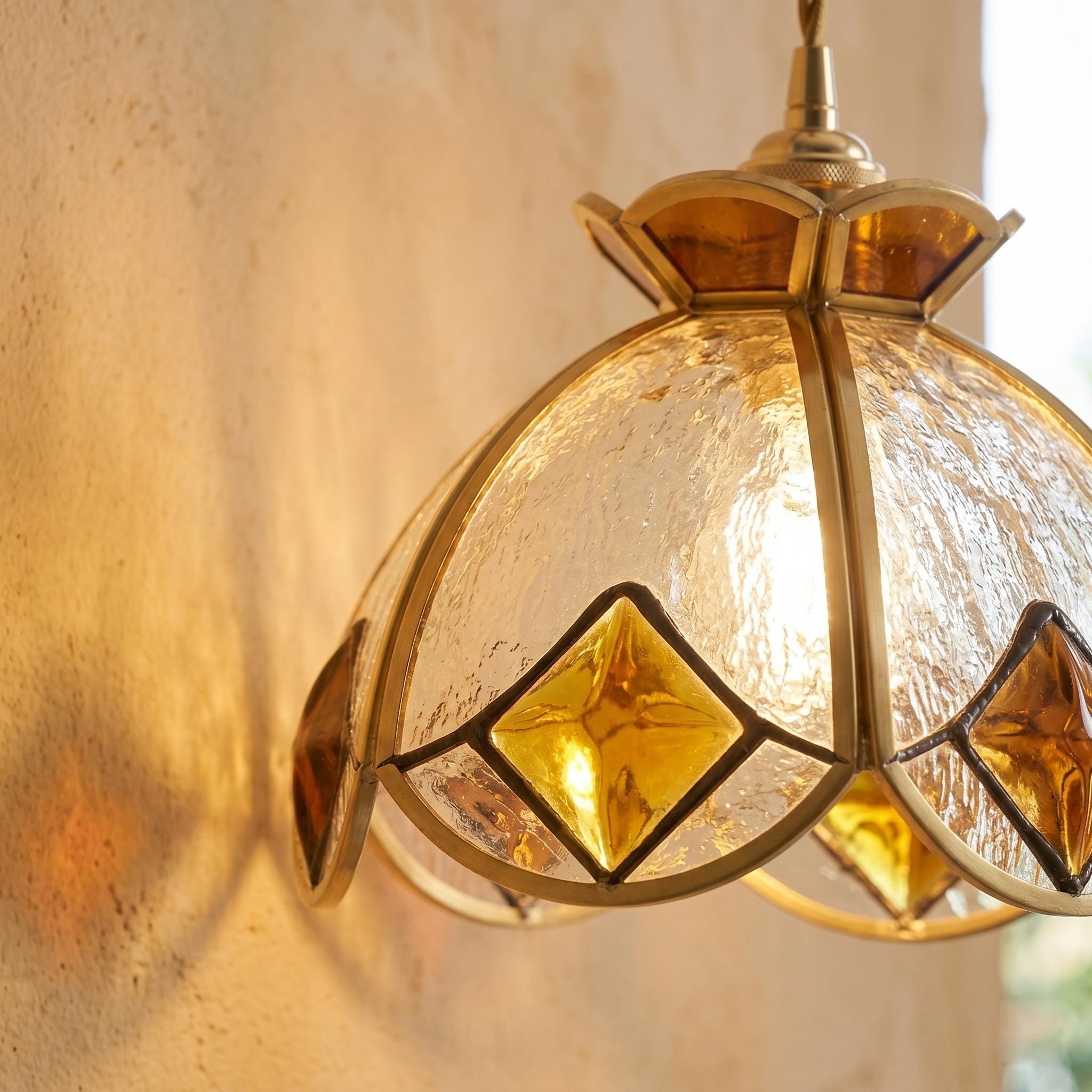 Handmade Stained Glass Pendant Light, Amber Flower Hanging Lamp, Vintage Tiffany Style Ceiling Light, Cottagecore Kitchen Lamp