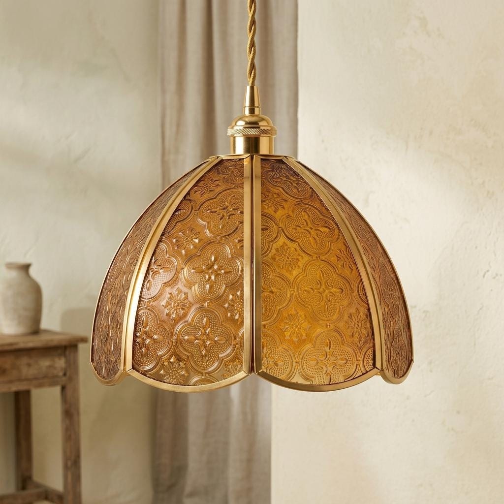 Amber Embossed Floral Glass Pendant Light, Vintage Golden Dome Hanging Lamp