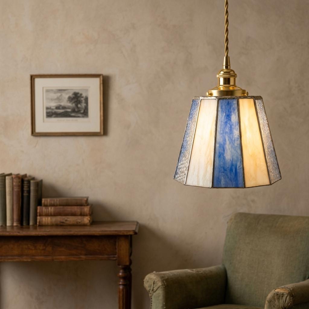 Handmade Blue Cream Stained Glass Pendant Light, Tapered Vintage Hanging Lamp