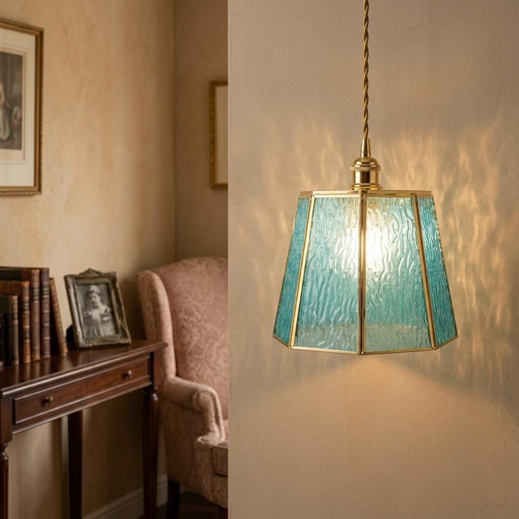 Aqua Blue Textured Glass Pendant Light, Geometric Coastal Entryway Fixture