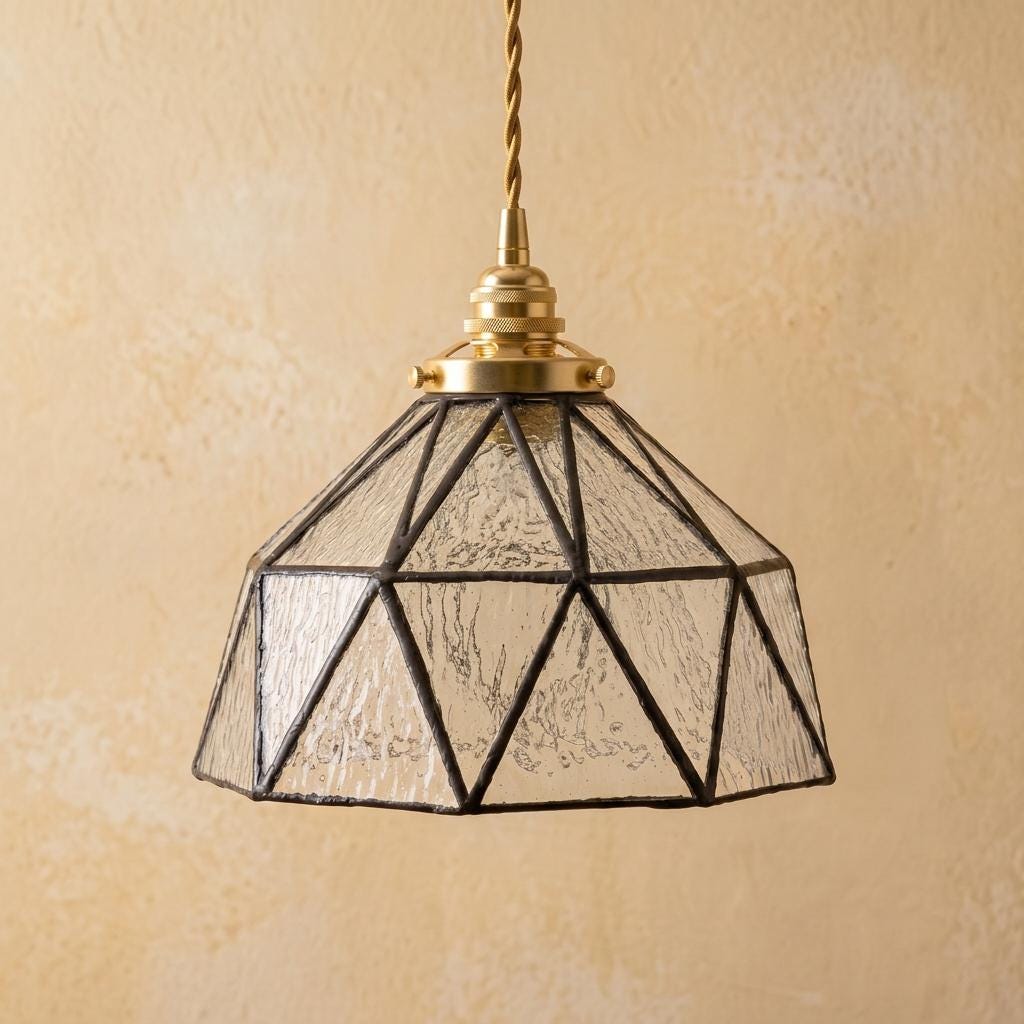 Stained Glass Pendant Light, Clear Textured Geometric Hanging Lamp, Faceted Tiffany Style Ceiling Light, Art Deco Dining Room Fixture