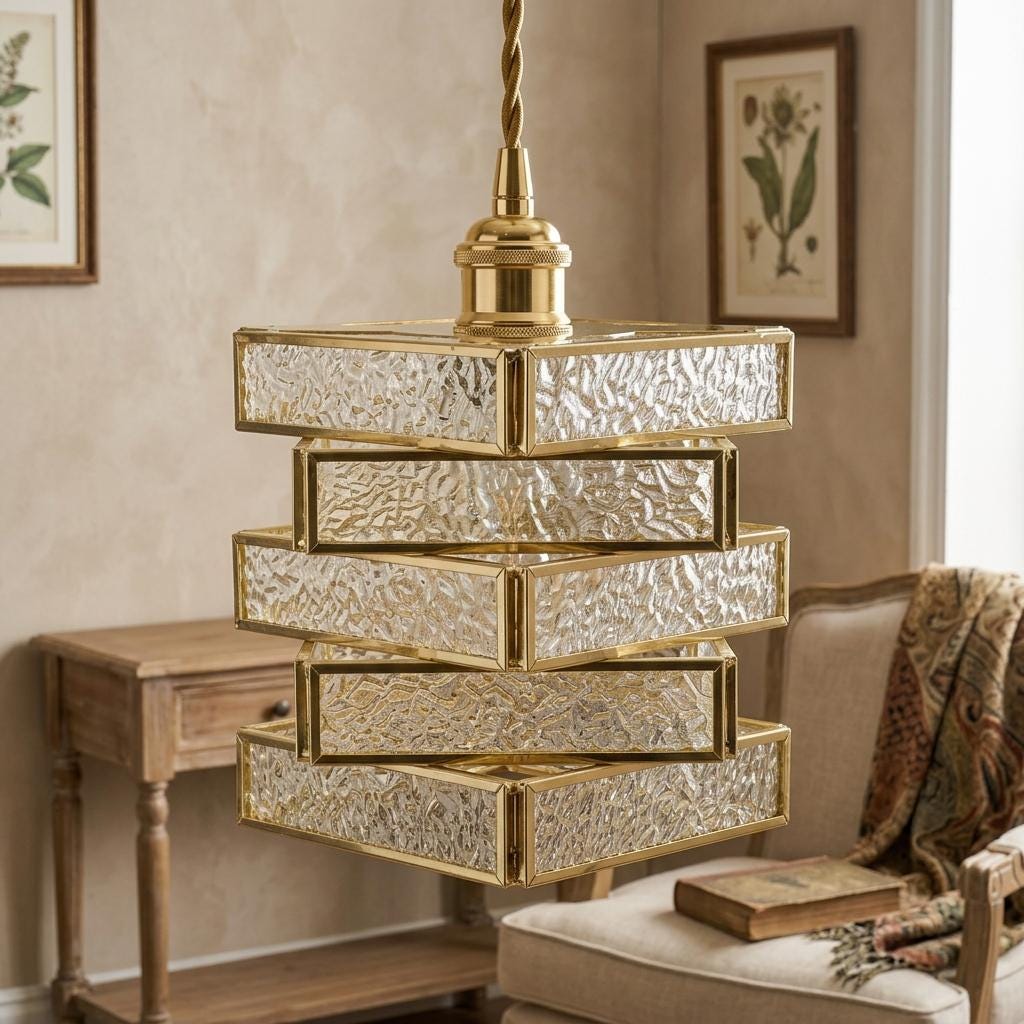 Gold Textured Glass Pendant Light, Square Stacked Geometric Hanging Lamp