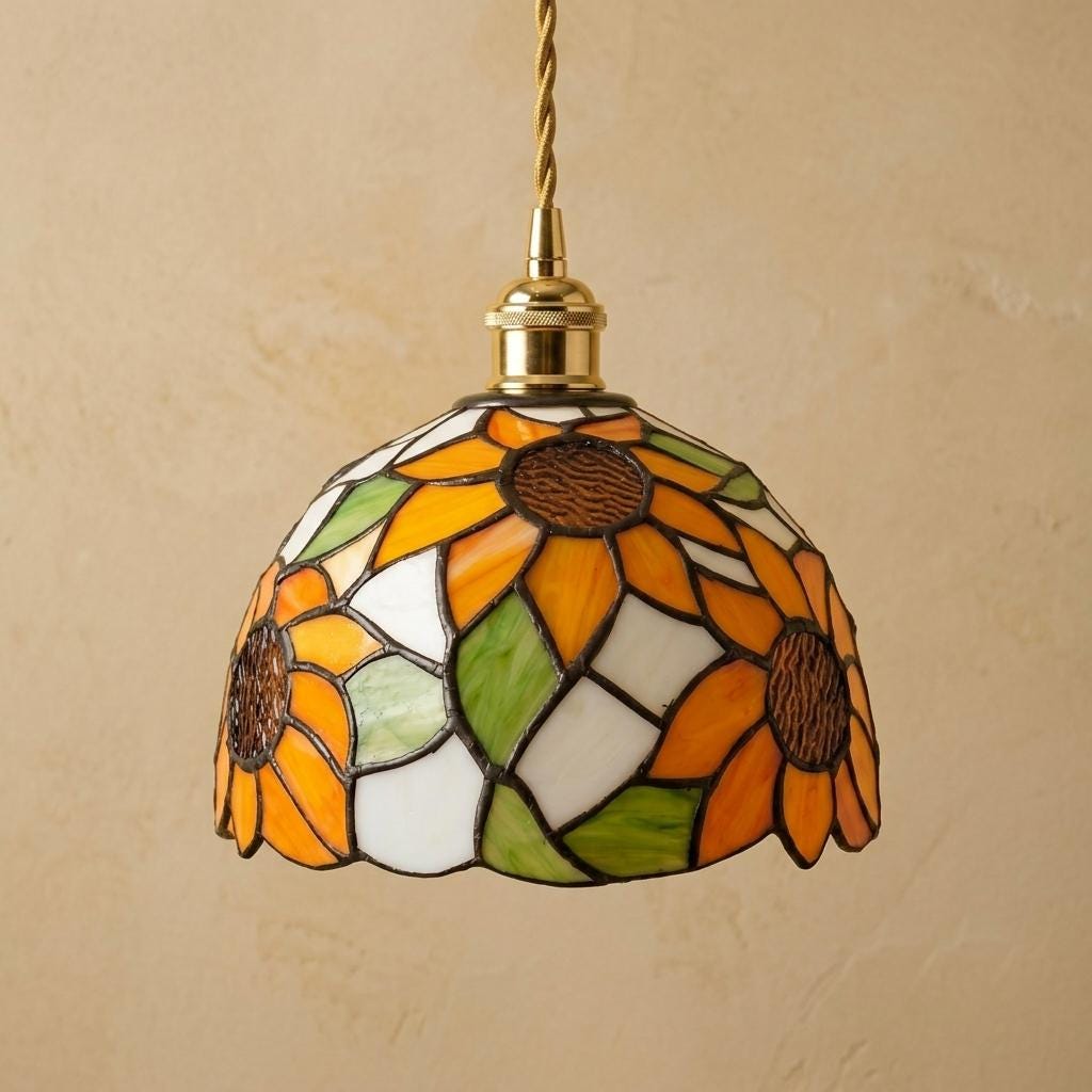 Sunflower Stained Glass Pendant Light, Tiffany Style Floral Hanging Lamp, Orange Green Dome Ceiling Light, Cottagecore Decor