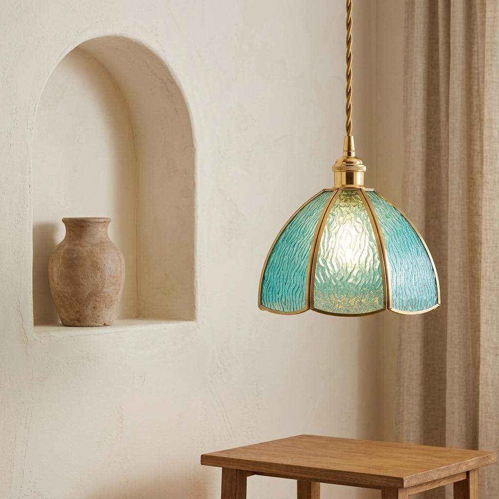 Aqua Blue Textured Glass Dome Pendant Light, Vintage Coastal Brass Fixture