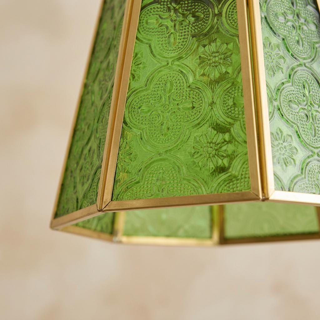 Handmade Green Embossed Glass Lamp Shade, Vintage Brass Art Nouveau Accent Light