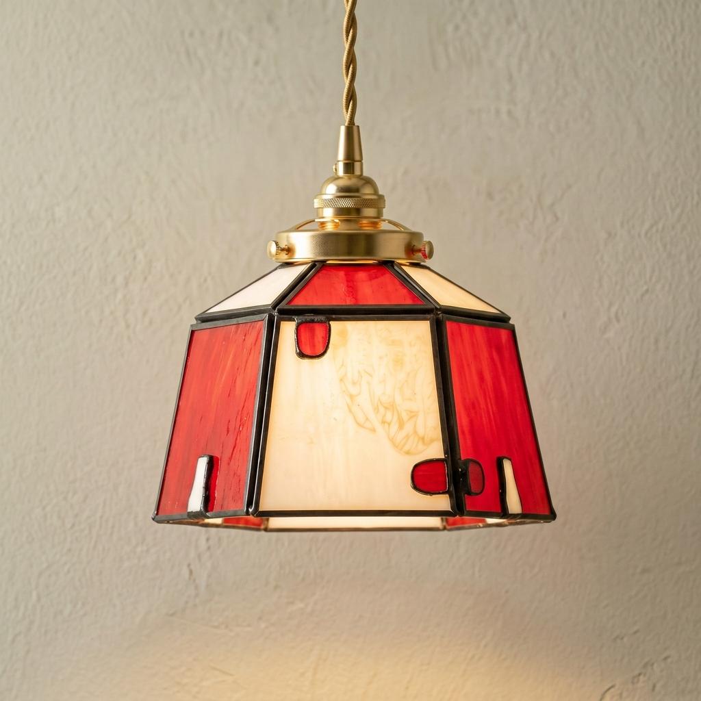 Red Cream Geometric Stained Glass Pendant Light, Artisan Hanging Lamp, Kitchen Entryway Decor