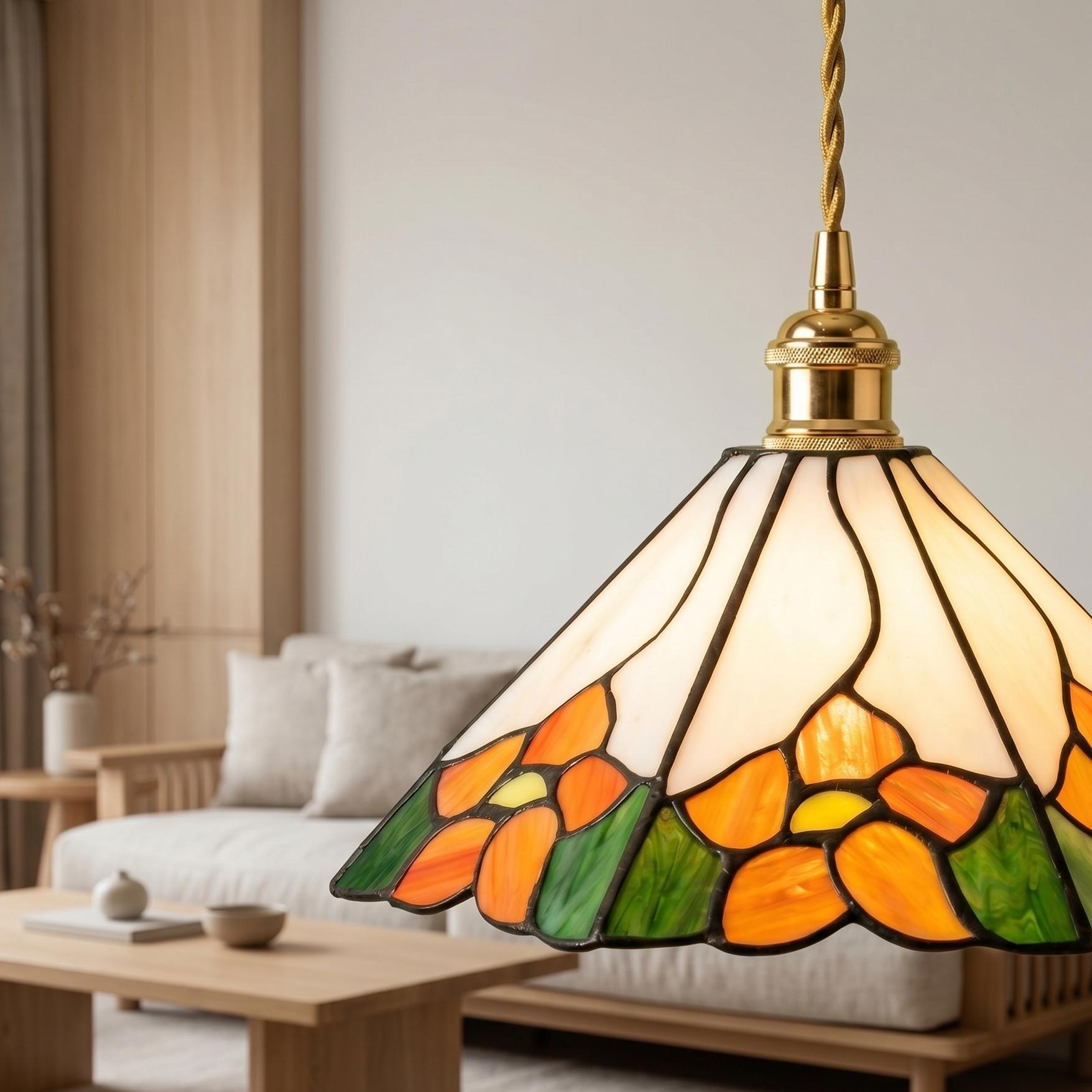 Tiffany Style Floral Pendant Light, Handmade Stained Glass Hanging Lamp, Orange Flower Cottagecore Ceiling Light