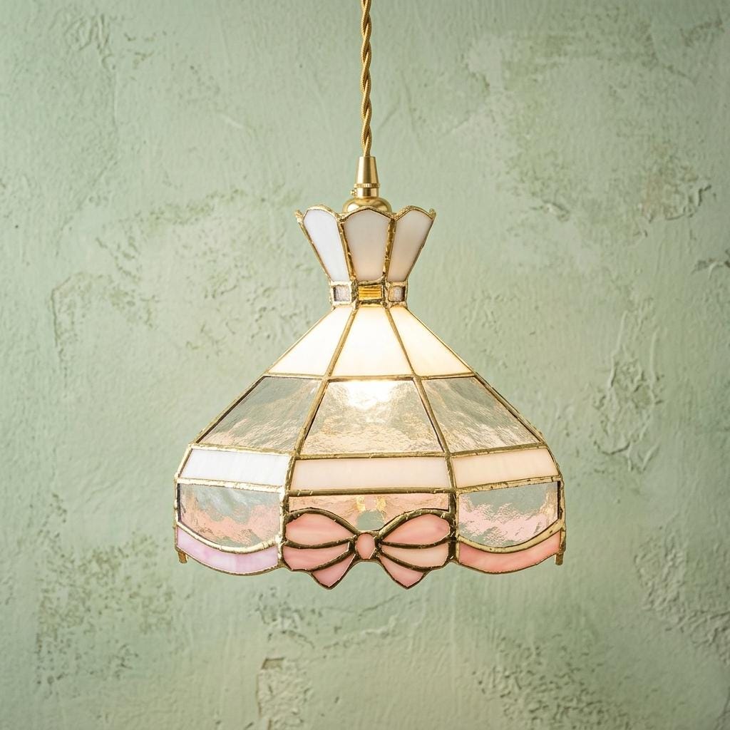 Pink Bow Stained Glass Pendant Light, Handmade Mini Hanging Lamp, Tiffany Style Cottagecore Nursery Ceiling Light Fixture