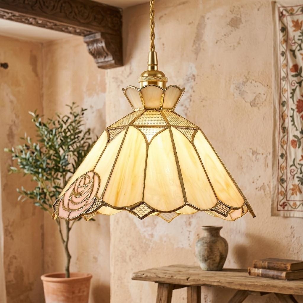 Handmade Rose Stained Glass Pendant Light, Vintage Tiffany Style Floral Hanging Lamp, Cream Pink Glass Lampshade for Cottagecore Home Decor