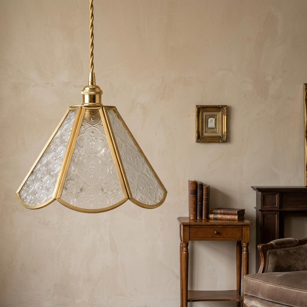 Clear Patterned Glass Pendant Light, Gold Scalloped Hanging Lamp, Vintage Style Fixture