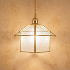 Handmade House-Shaped Pendant Light with Clear Patterned Panels and Gold-Tone Frame by AuroraeGlass