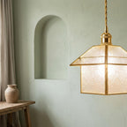 Handmade House-Shaped Pendant Light with Clear Patterned Panels and Gold-Tone Frame - view 6
