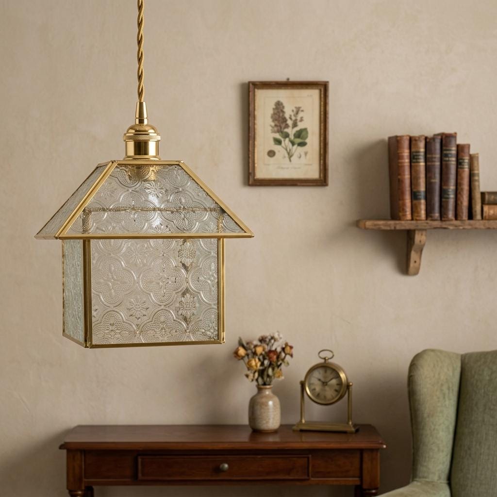 Handmade House-Shaped Pendant Light with Clear Patterned Panels and Gold-Tone Frame - view 9