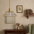 Handmade House-Shaped Pendant Light with Clear Patterned Panels and Gold-Tone Frame - view 9