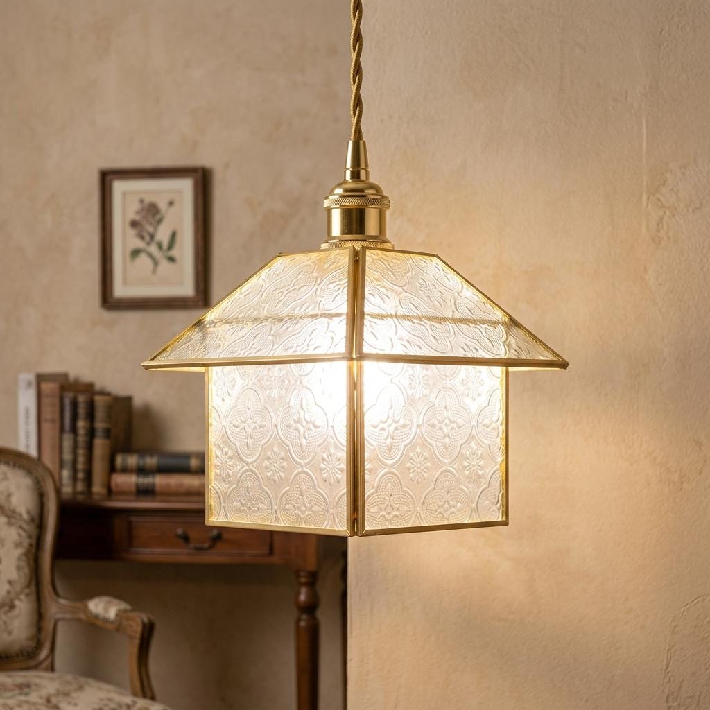 Handmade House-Shaped Pendant Light with Clear Patterned Panels and Gold-Tone Frame - view 8