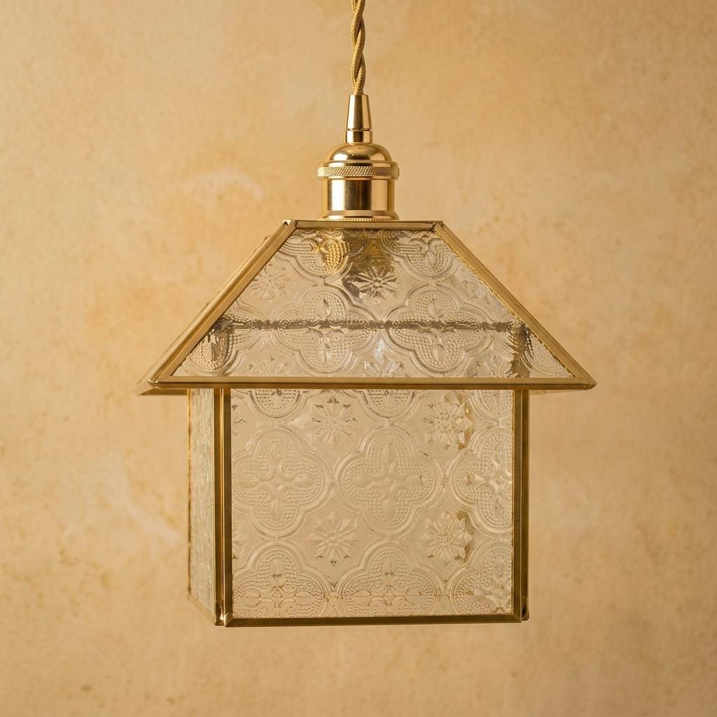 Handmade House-Shaped Pendant Light with Clear Patterned Panels and Gold-Tone Frame - view 5