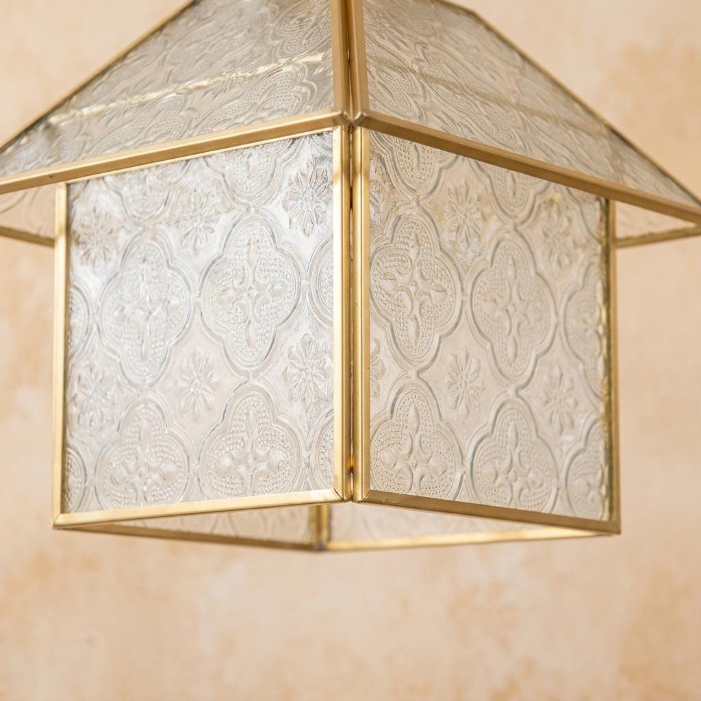 Handmade House-Shaped Pendant Light with Clear Patterned Panels and Gold-Tone Frame - view 3
