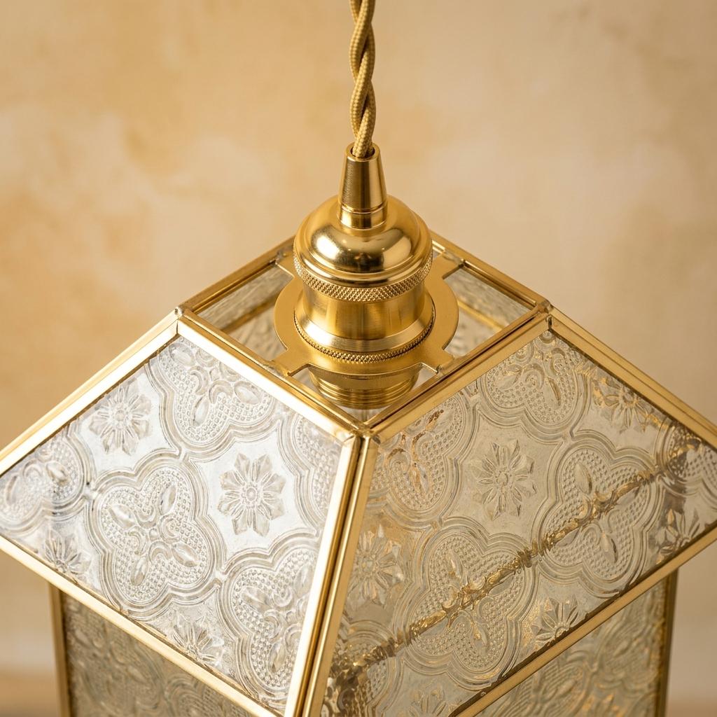 Handmade House-Shaped Pendant Light with Clear Patterned Panels and Gold-Tone Frame - view 4