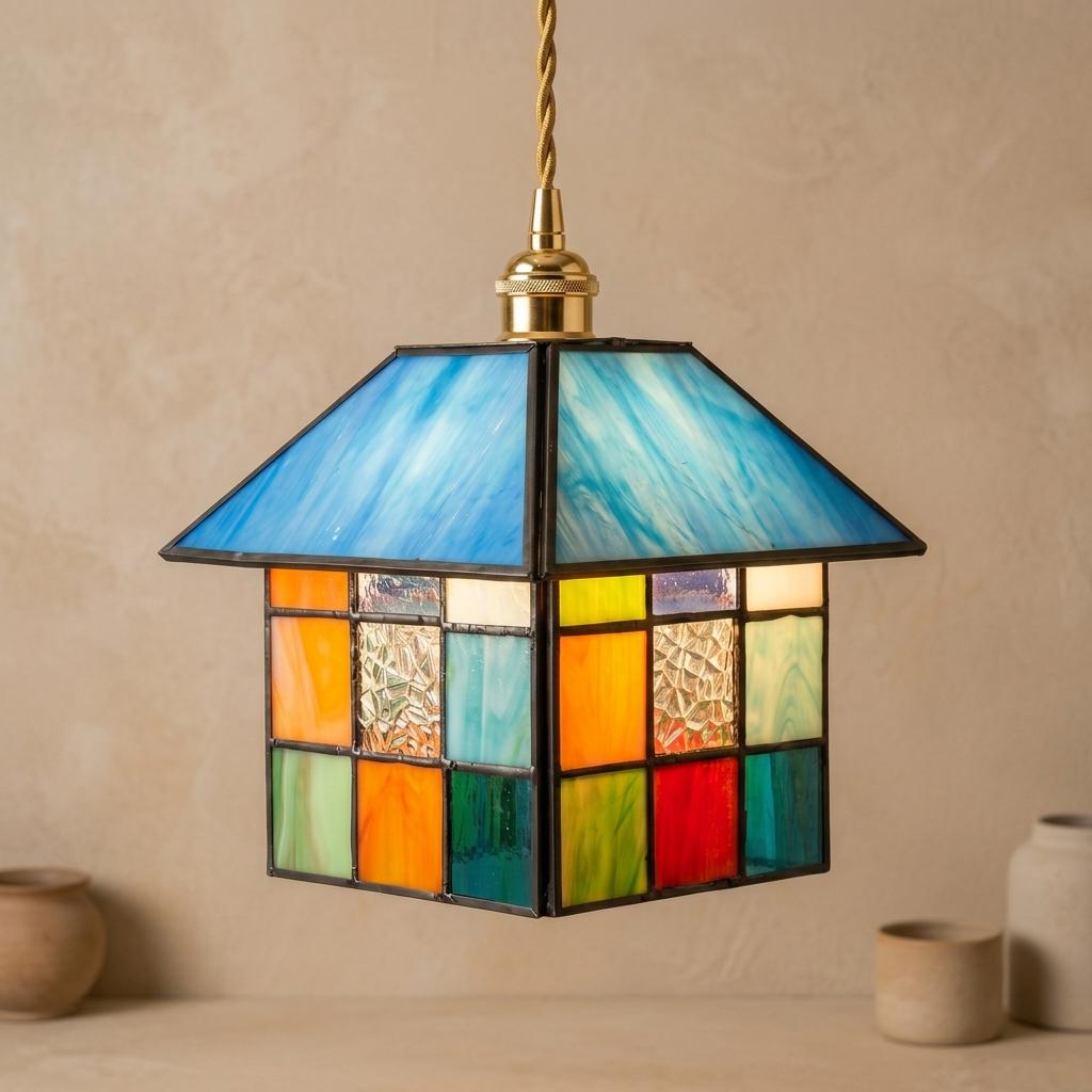 Handmade Blue-Roof House Tiffany-Inspired Pendant Light with Multicolor Geometric Panels by AuroraeGlass