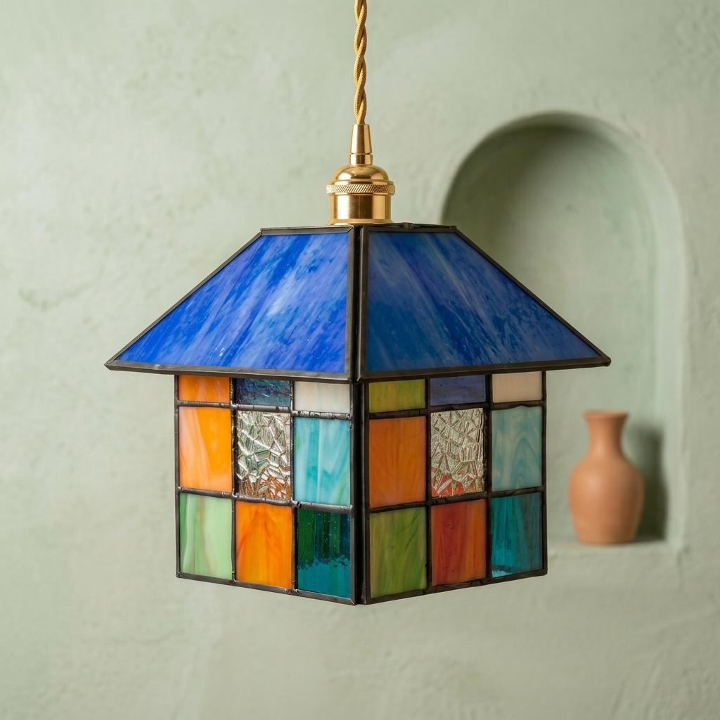 Handmade Blue-Roof House Tiffany-Inspired Pendant Light with Multicolor Geometric Panels - view 7