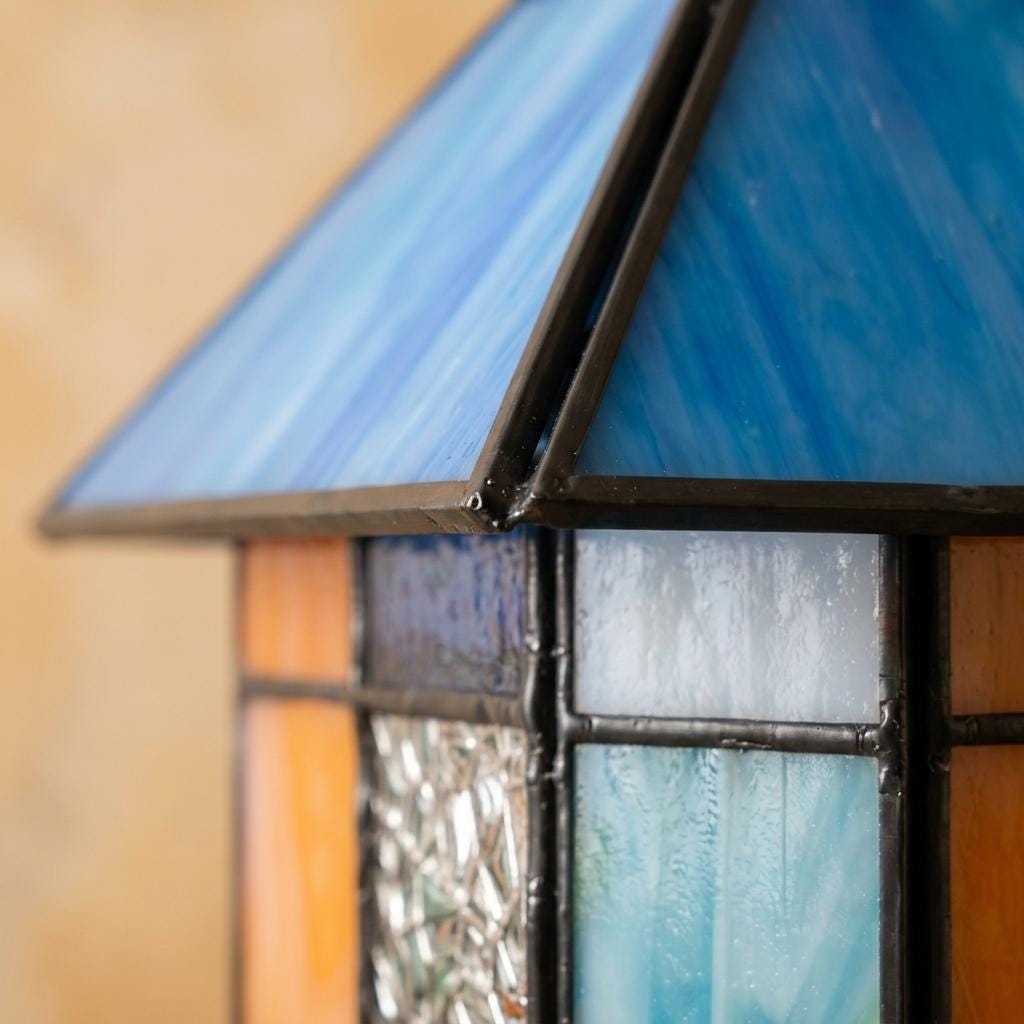 Handmade Blue-Roof House Tiffany-Inspired Pendant Light with Multicolor Geometric Panels - view 3