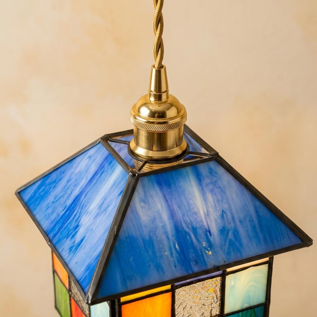 Handmade Blue-Roof House Tiffany-Inspired Pendant Light with Multicolor Geometric Panels - view 4