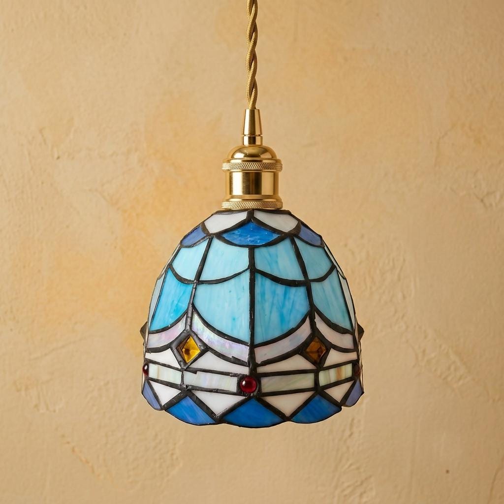 Handmade Blue and White Dome Tiffany-Inspired Pendant Light with Layered Pattern Bands - view 5