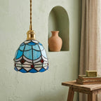 Handmade Blue and White Dome Tiffany-Inspired Pendant Light with Layered Pattern Bands - view 7