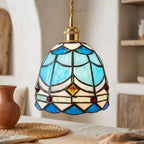 Handmade Blue and White Dome Tiffany-Inspired Pendant Light with Layered Pattern Bands - view 10