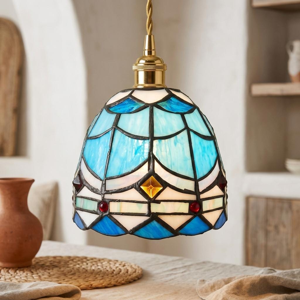 Handmade Blue and White Dome Tiffany-Inspired Pendant Light with Layered Pattern Bands - view 10