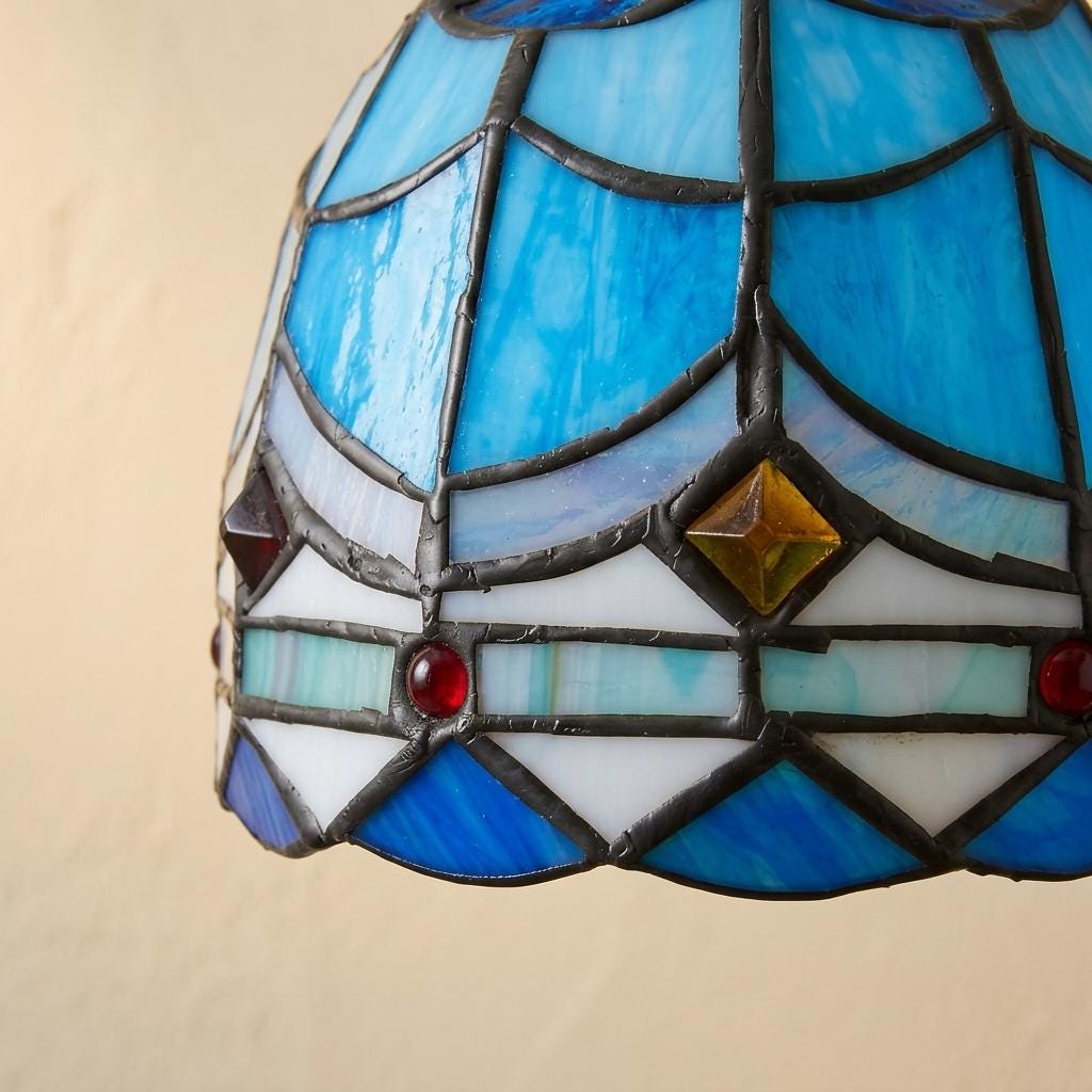 Handmade Blue and White Dome Tiffany-Inspired Pendant Light with Layered Pattern Bands - view 3