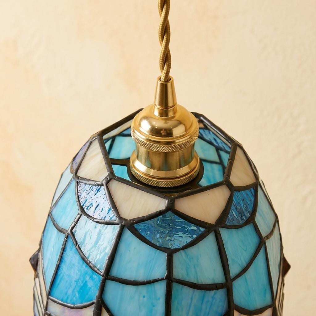 Handmade Blue and White Dome Tiffany-Inspired Pendant Light with Layered Pattern Bands - view 4