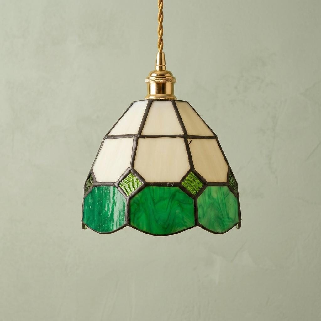 Handmade Cream and Green Faceted Bell Tiffany-Inspired Pendant Light with Scalloped Panels - view 5