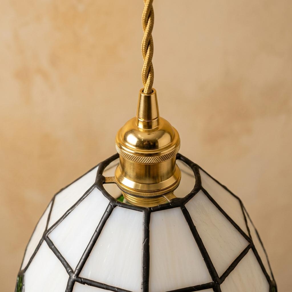 Handmade Cream and Green Faceted Bell Tiffany-Inspired Pendant Light with Scalloped Panels - view 4