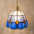 Handmade Cream and Blue Faceted Bell Tiffany-Inspired Pendant Light with Amber-tone Diamond Details by AuroraeGlass